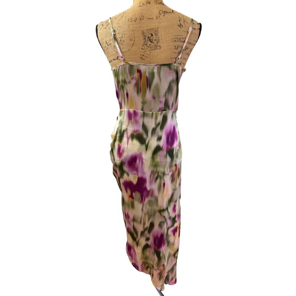 CIDER Watercolor Satin Ruched Asymmetrical Bodycon Midi Dress – Size Small